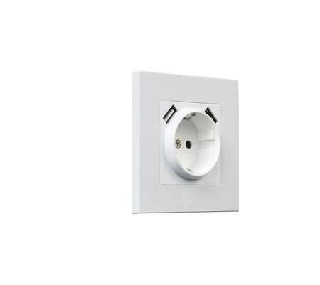 Toma metálica cuadrada con clavija + 2USB blanco mate 
