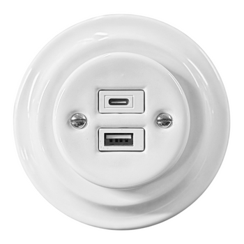 Enchufe empotrado de cerámica USB + C ANTICA blanco vintage retro loft